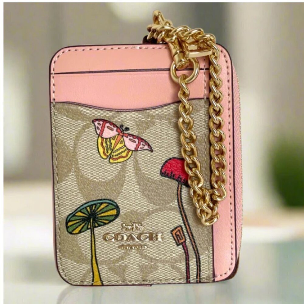Coach Observed By Us Zip Card Case Khaki Signature Canvas Pink